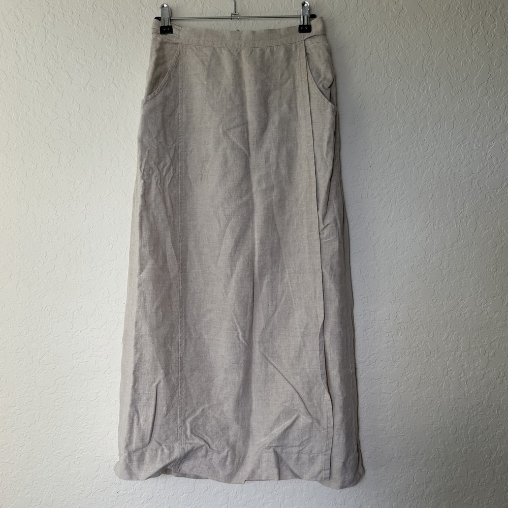 Vtg Laura Ashley Midi Wrap Skirt Beige 100% Linen Womens US 6 Cottagecore Apron